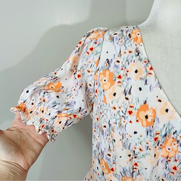 LOFT White with Orange & Blue Floral V-Neck Puff Sleeve Fit & Flare Dress - 6 - Picture 5 of 13